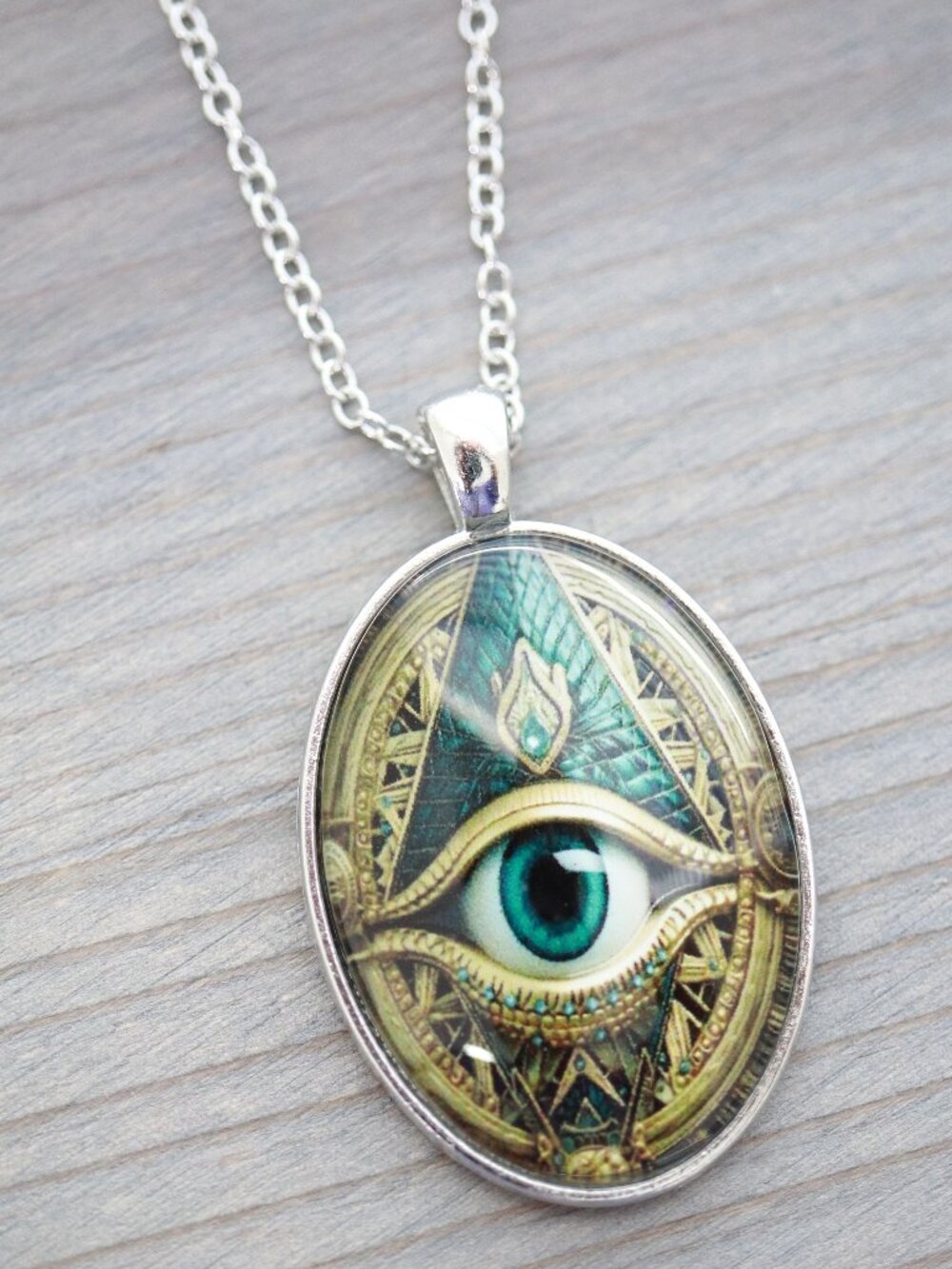 Evil Eye Wicked Style Oblong Pendant Necklace Silver Stainless Steel